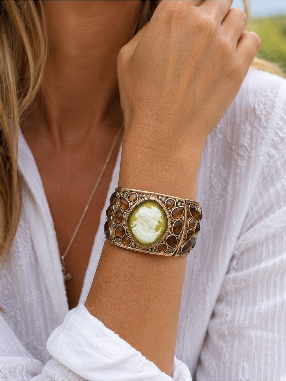 Victorian-Inspired Green Cameo and Amber Crystal Cuff Bracelet Metal